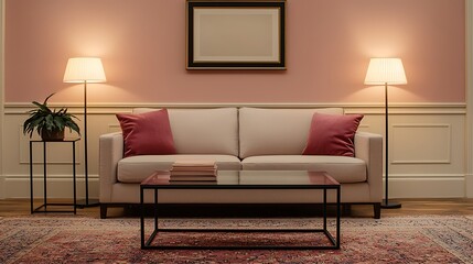 A cozy living room featuring a light sofa, pink walls, stylish lamps, a coffee table, and a plant, creating a warm and inviting atmosphere.
