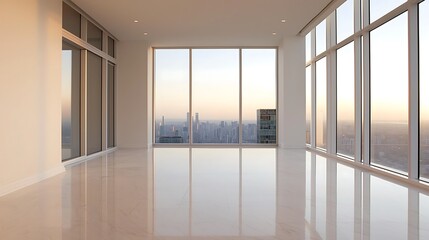 Obraz premium A spacious, empty room with floor-to-ceiling windows offering a stunning city view at sunset, featuring polished floors and minimal decor.