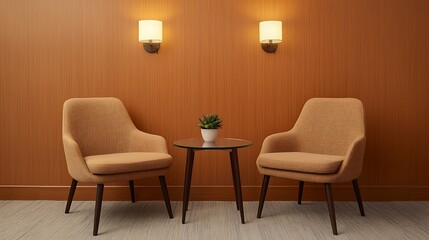 Fototapeta premium A cozy seating area featuring two plush chairs and a small table, complemented by wall-mounted lights and a decorative plant.