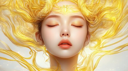 A portrait of majesty, woman with flowing hair and radiant crown 