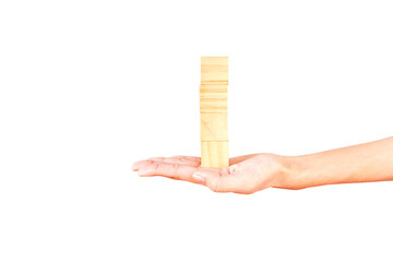 Putting wooden blocks in hand as a higher layer. Concept of progress and growth towards goals....