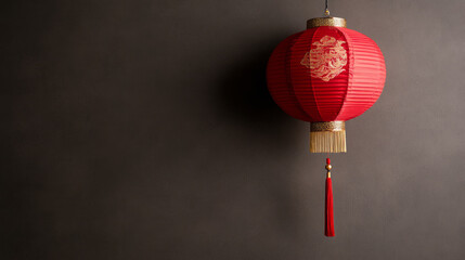 Fototapeta premium Traditional red paper lantern hanging against dark gray wall, chinese culture celebration decorative round light with tassel, festival lunar new year ornament