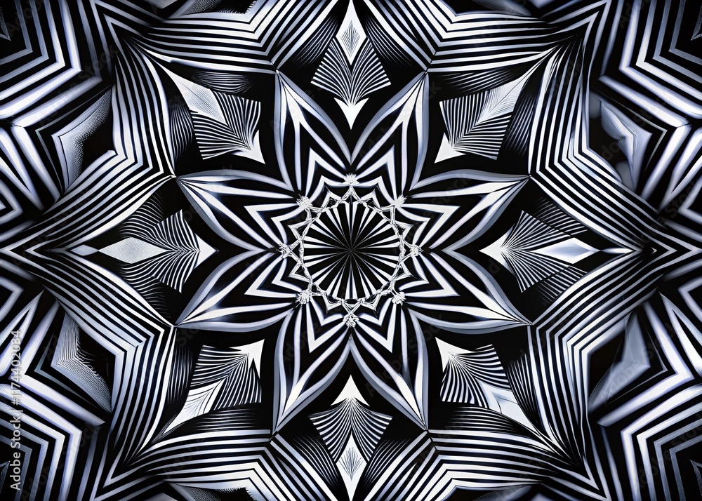 Poster abstract black and white rotating patterns: dynamic symmetrical silhouette motion graphics