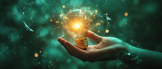 A hand holding a glowing light bulb, with network connections and environmental icons like wind turbines and solar panels overlaid on a green background, ultrarealistic, 8K detail