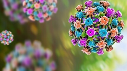 Highly Detailed and Realistic Close-Up of Norovirus Particles Under Microscope, Emphasizing Structural Complexity and Texture