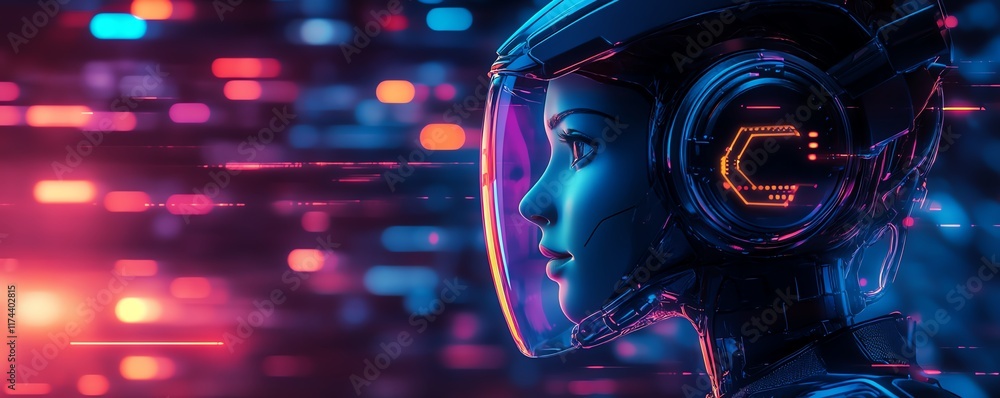 Poster a modern tech helpdesk with an ai hologram engaging with a user, colorful and animated chatbot speec
