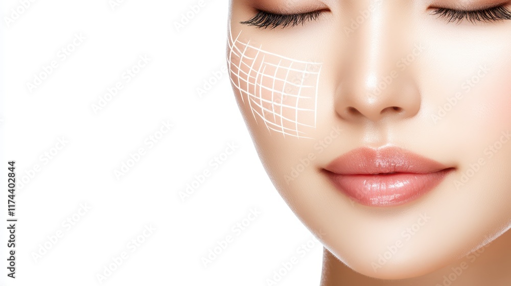Poster artistic closeup portrait of a woman with grid pattern over her face, exploring themes of identity a