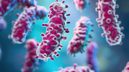 Highly Detailed and Realistic Close-Up of Norovirus Particles Under Microscope, Emphasizing Structural Complexity and Texture