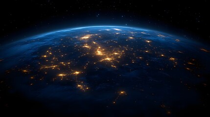 Obraz premium Night Earth. City lights illuminate a portion of the planet from space.