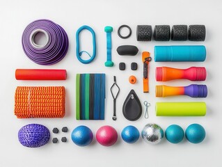 Colorful Fitness and Exercise Equipment Arrangement on White Background