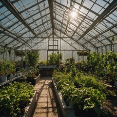A solar-powered greenhouse filled with greenery.