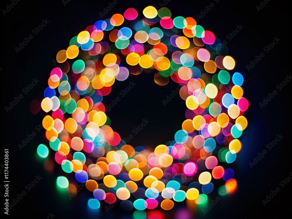 Poster abstract bokeh lights: multicolored festive circles on black background
