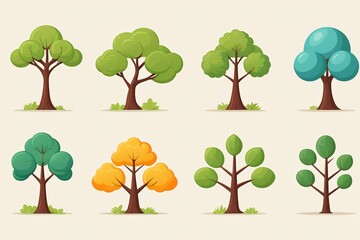 a set of four different trees with different colors and shapes