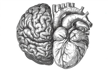 Fototapeta premium hand drawing human brain and heart ink sketch. Engraving style vector illustration