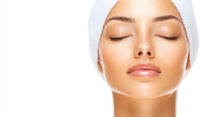 Woman with towel on head, relaxing after bath or spa treatment