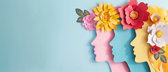 Illustration of face and flowers style paper cut with copy space for international women's day