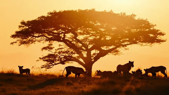 A silhouette of lions under an acacia tree at sunset, symbolizing the beauty of African wildlife.