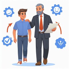 497 A buddy system illustration with a seasoned employee guiding