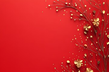Elegant golden floral arrangement on a vibrant red background.
