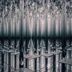 A room filled with mirrored columns of varying heights and width