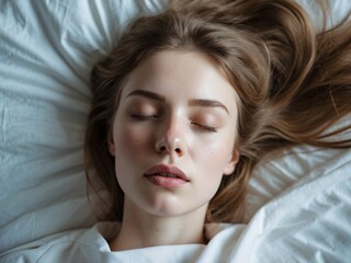 A young woman with long hair peacefully sleeping on white bedding. The scene conveys serenity, relaxation, and comfort, portraying a state of deep rest and tranquility.