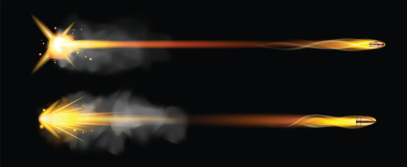 Set illustration of two bullets in motion, captured in different stages of their trajectory. The top bullet features a glowing, fiery trail extending from a brilliant muzzle flash, while the bottom