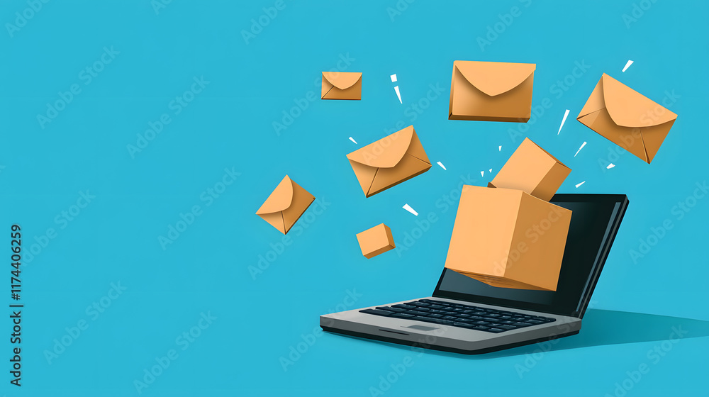 Aufkleber a digital illustration showing a laptop with a package and flying envelopes, symbolizing online comm