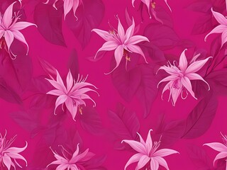Fototapeta premium Minimalistic white background with pink fuchsia flowers bordering the right side flat lay top view