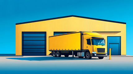 A yellow truck is parked in front of a bright yellow warehouse under a clear blue sky, showcasing a modern industrial setting