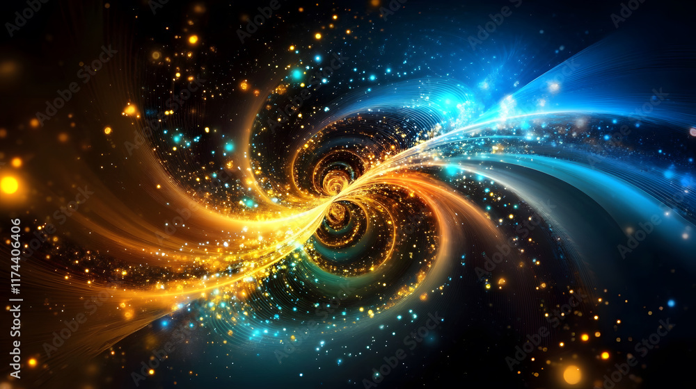 Poster a vibrant swirl of blue and orange light, creating a mesmerizing cosmic effect filled with glowing p