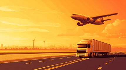 A truck travels on a highway as an airplane flies overhead during a vibrant orange sunset, reflecting transportation and travel themes