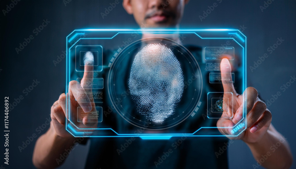 Poster biometric security scan: a man uses his fingerprint for biometric authentication on a futuristic hol