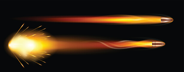 
Set illustration of two bullets in motion, captured with blazing speed. The bullets leave fiery trails behind them, illustrating their rapid movement through space. The top bullet is depicted