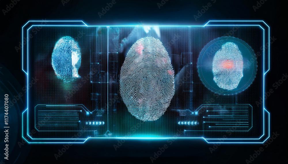 Poster brain scan interface: futuristic medical technology display shows detailed brain scans, highlighting