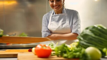 aring apron chef female smiling person clothing indoor human face shirt chef cook wall standing kitchen wearing occupation gastronomy career woman apron cookery profession talented meal skilled
