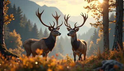 An Artistic Depiction Of Stag And Does In A Magic, A Detailed Illustration Of A Tranquil Forest Clear, A Serene Woodland Scene Featuring A Family Of Stag