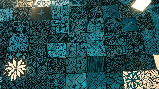 Video footage of collection of intricately patterned blue and white tiles arranged in a grid. Each tile features a unique design, creating a visually striking mosaic