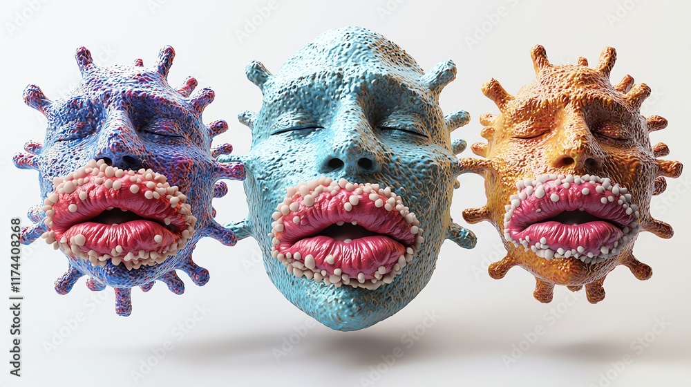 Poster a creative representation of abstract faces with virus-like features, showcasing vibrant colors and 
