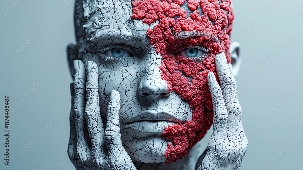 Poster a surreal depiction of a human face with cracked texture, blending elements of emotion and art in a 