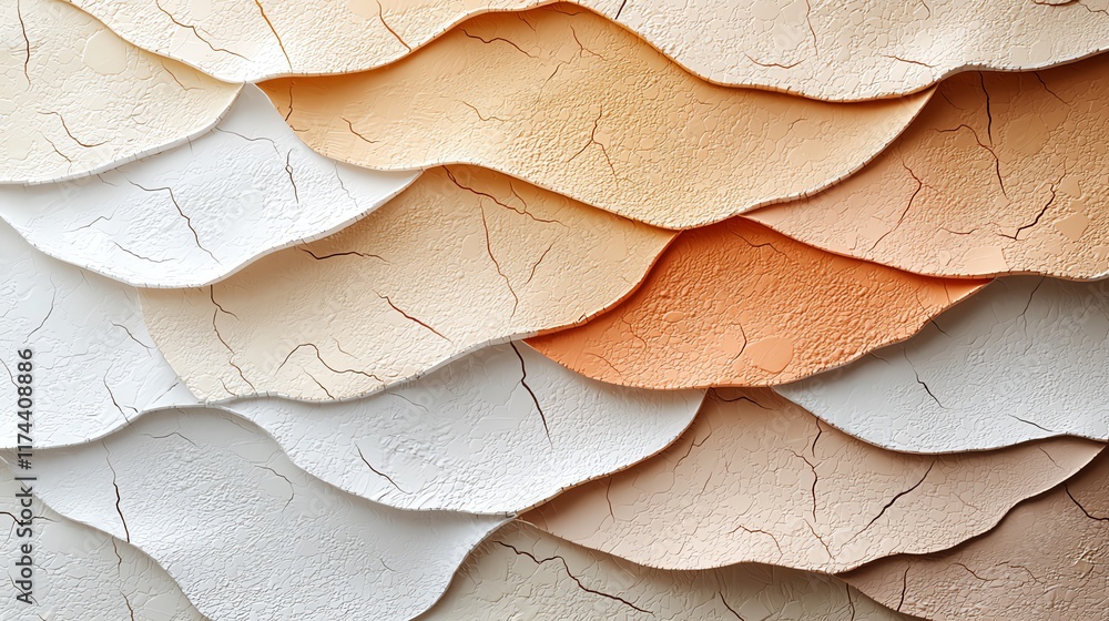 Poster close-up of layered textured surfaces in various soft colors, resembling waves of fabric or paper, s