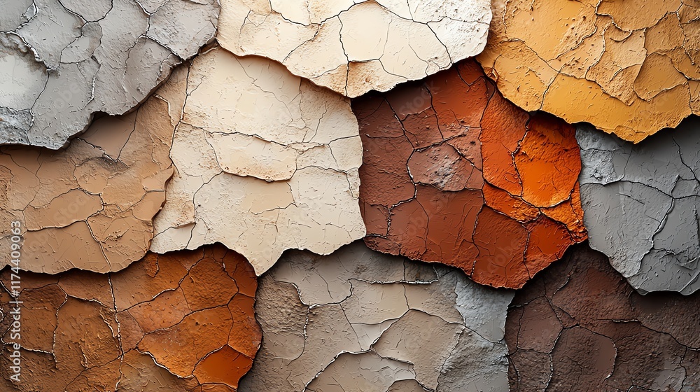 Poster textured peeling paint in earthy tones showcasing a variety of colors and patterns for artistic and 