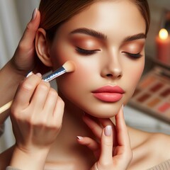 A woman applying a light peach toned corrector to a client's und