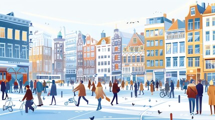Obraz premium A cartoon style illustration of a city street in the winter.