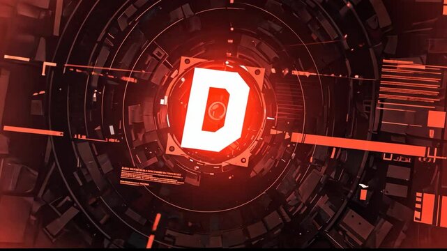Video footage of letter d in a white square with a red glow, centered within a complex, dark, circular, technological or futuristic design