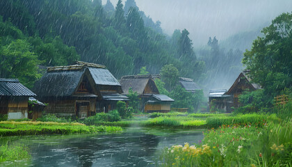 Rain falls gently on a serene Japanese village nestled beside a river