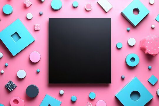 Colorful geometric shapes surrounding a blank black canvas on a vibrant pink background.