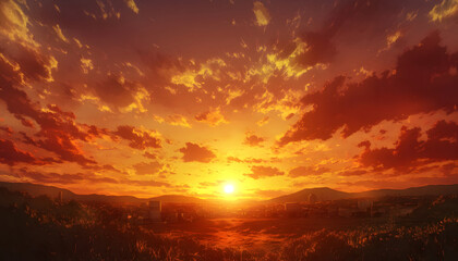 Obraz premium Fiery Sunset Over Distant Cityscape Silhouette