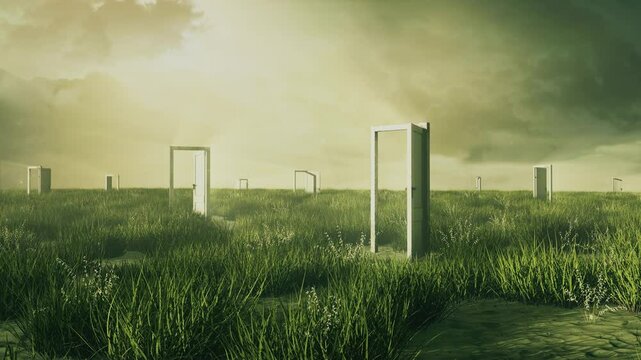 Mystical Wooden Doors in Foggy Grass Field for Immersive Appeal - Loop - Fantasy Nature Landscape