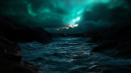 Enigmatic Coastal Scene Under a Teal Aurora
