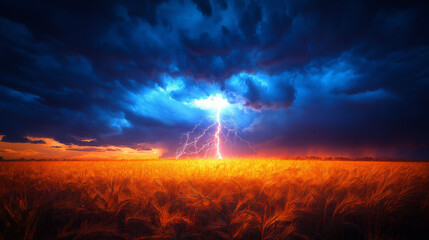 Fierce lightning strikes a golden wheat field as the sun sets, creating a breathtaking display.